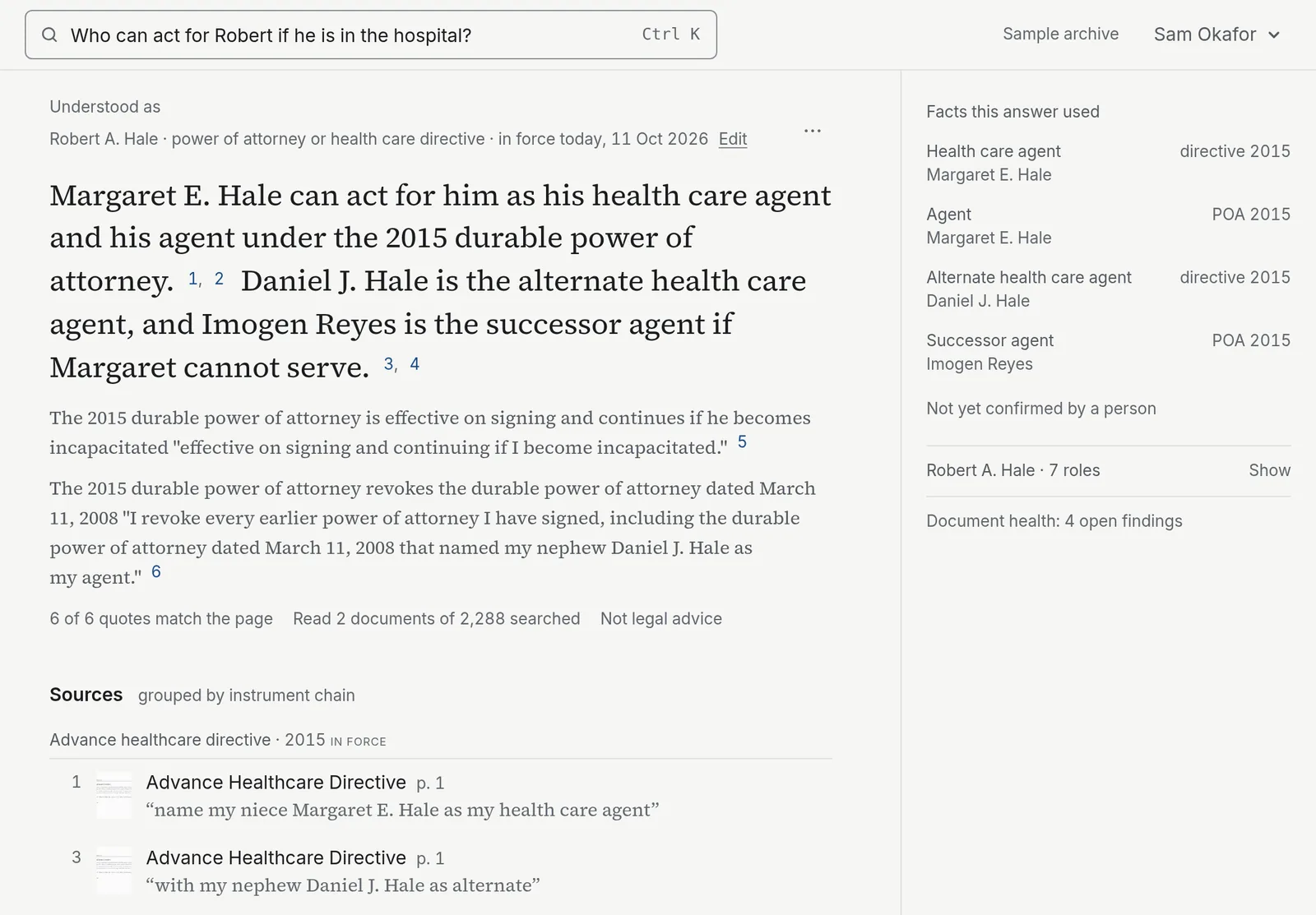 The question “Who can act for Robert if he is in the hospital?” and its answer: Margaret E. Hale is his health care agent and his agent under the 2015 durable power of attorney; Daniel J. Hale is the alternate and Imogen Reyes the successor agent. Six of six quotes match the page. Below, the source rows from the 2015 health care directive; a side list shows the facts the answer used.